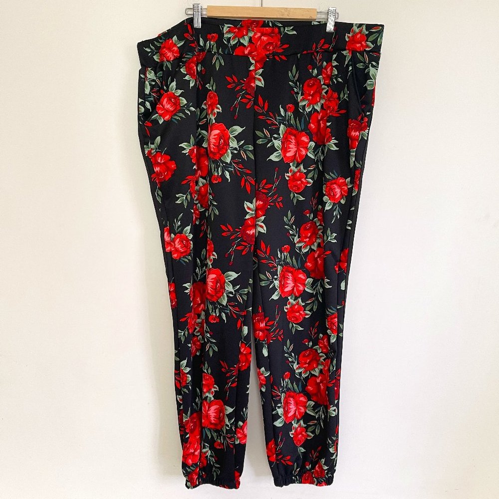 Ashley Sport Women Black Floral Pull On Stretch Elastic Waist Pants Size 26/28